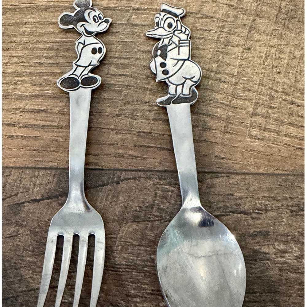 Vintage Kids Silver Disney Mickey Mouse Donald Stainless Steel Silver Set